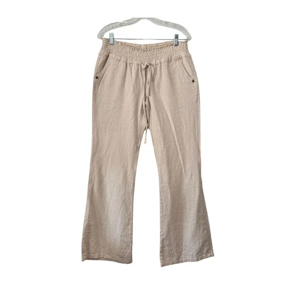 Love Tree L Beige Linen Blend Smocked Waist Pull on Pants w/ Pockets Beachy NWT - Picture 2 of 8